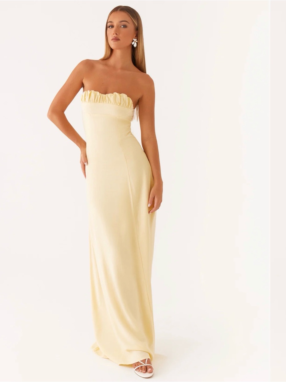 Peppermayo Strapless Ruffle-Trim Maxi Dress in Pale Yellow - Picture 2 of 11